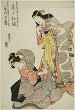 The actor Onoe Shoroku I as the ghost of the Shirabyoshi Hanako standing over Osagawa Shichizo II