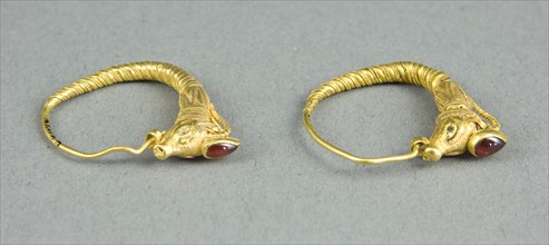 Pair of Earrings with Ibex Head Finials, 3rd century BC, Greek, Ancient Greece, Gold and garnet