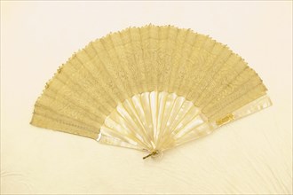 Fan, c. 1870, France, Etched mother-of-pearl sticks and guards, point de gaze mount, backed with