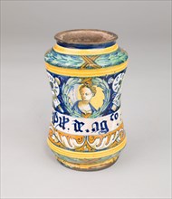 Albarello, c. 1550, Italian, Faenza?, Urbania, Tin-glazed earthenware (maiolica), H: 15.6 cm (6 1/8