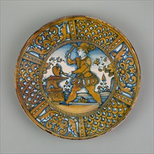 Display Plate with a Man Striking a Heart on an Anvil, c. 1550, Italian, Deruta, Deruta, Tin-glazed
