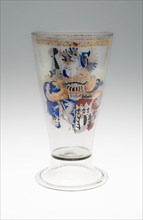 Beaker, 1573, German, Germany, Colorless glass and enamel, 25.1 × 13.7 cm (9 7/8 × 5 3/8 in.), Wt.