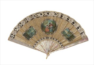 Fan, 19th century, France, Mother of pearl (?), ribs, slips, and guardsticks, painted, silk, plain