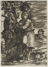 Shepherd and Old Warrior, 1517, Domenico Campagnola, Italian, c. 1500-1564, Italy, Engraving, on