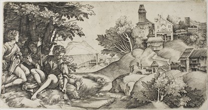 Shepherds in a Landscape, c. 1517, Giulio Campagnola (Italian, c. 1482-1515/18), and Domenico