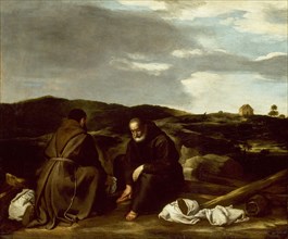 Two Monks in a Landscape, c. 1645, Italian or Spanish, Italian, Oil on canvas, 25 1/4 x 30 3/8 in.
