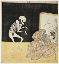 The actors Ichikawa Danjuro V as a skeleton, spirit of the renegade monk Seigen (left), and Iwai