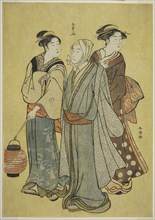 A Young Man Dressed as an Actor of the Ichikawa Family (by Shunsho), a Maid and a Geisha (by