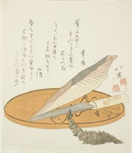 Wasabi root with dried bonito and knife on a lacquer tray, early 1820s, Totoya Hokkei, Japanese,