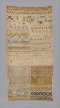Sampler, 1815, Spain, Linen, plain weave, pulled thread work, embroidered with silk floss and linen