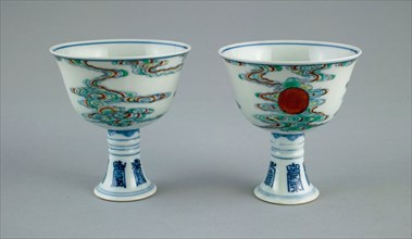 Pair of Stem Cups with Sun amid Clouds and Stylized Characters for Long Life (Shou), Qing dynasty