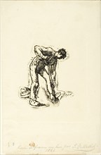 Peasant Digging, 1863, Jean François Millet, French, 1814-1875, France, Woodcut from a partially