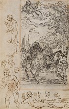 Study for Vignette in Voltaire’s La Pucelle d’Orleans, with Sketches of Heads and Nude Figures, c.