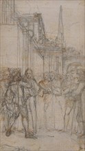 Literary Illustration: Man with Sword Confronting Group of Figures Before Building, n.d., Hubert