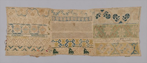 Sampler, 1803, Mexico, México, linen, tabby weave, embroidered in silk, 37.2 x 99.1 cm (14 5/8 x 39