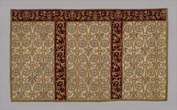 Altar piece (part of a chasuble), 17th century, Spain, White satin embroidered with couched rose,
