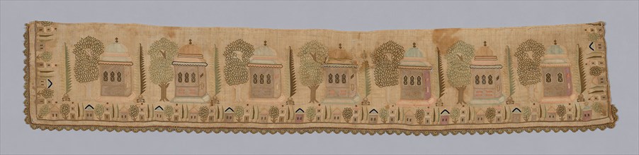 Fragment (from a Cover), 18th century, Turkey, Turkey, embroidered in design of kiosks, 14.3 x 78.5