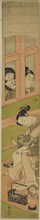 Courtesan Writing a Letter as Two Men Watch through a Window Lattice, c. 1769/70, Suzuki Harunobu