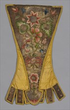 Stomacher, 17th century, England, Silk, weft-faced plain weave, embroidered with silk and metal