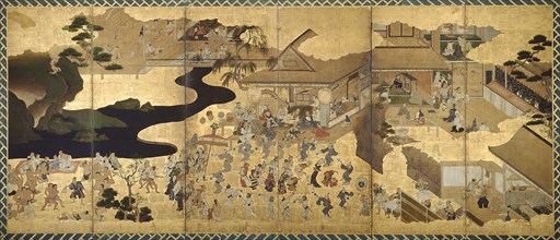 Genre Scenes (Fuzoku byobu), About 1640, Japanese, Japan, Six-fold screen, ink, color, gold and