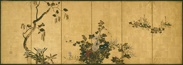 Flowers of Autumn and Winter, 19th century, Suzuki Kiitsu, Japanese, 1796-1858, Japan, Six panel