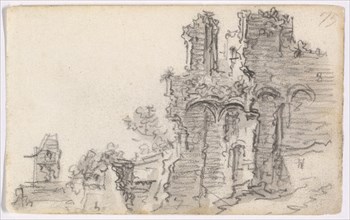 A Romanesque Ruin, 1650–51, Jan van Goyen, Dutch, 1596-1656, Netherlands, Black chalk, with brush