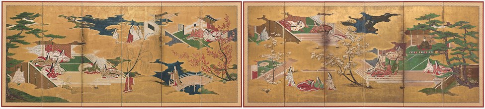 The Tale of Genji, early 17th century, Japanese, Japan, Pair of six-panel screens, ink, colors, and