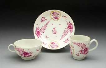 Teacup, Coffee Cup, and Saucer, c. 1770, Worcester Porcelain Factory, Worcester, England, founded