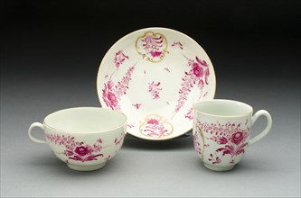 Teacup, Coffee Cup, and Saucer, c. 1770, Worcester Porcelain Factory, Worcester, England, founded