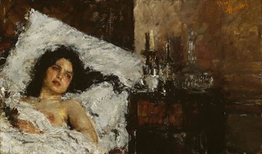 Resting, c. 1887, Antonio Mancini, Italian, 1852–1930, Italy, Oil on canvas, 23 5/8 × 39 3/8 in.