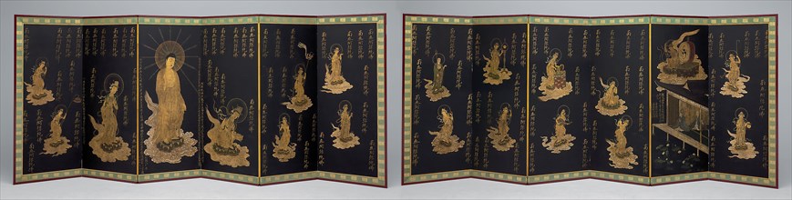 Rebirth of the Nun Anyo, early 18th century, Japanese, Japan, Pair six-panel screens, ink, colors,