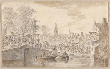 Market near a Canal, 1651, Jan van Goyen, Dutch, 1596-1656, Netherlands, Black crayon, and brush