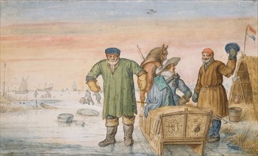 Two Old Men beside a Sled Bearing the Coats of Arms of Amsterdam and Utrecht, 1620/33, Hendric