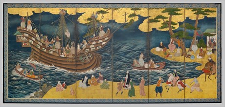 Southern Barbarians, mid 17th century, Japanese, Japan, Pair of six-panel screens, ink, colors, and