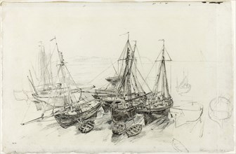 Fishing Boats at Granville, c. 1851–52, Théodore Rousseau, French, 1812-1867, France, Black crayon