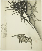A Bat Flying near a Pine Tree, n.d., Issho, Japanese, active 19th century, Japan, Woodblock print,