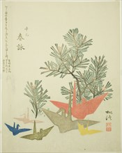 Pine Branches and Paper Cranes, c. 1821, Niwa Tokei, Japanese, 1760-1822, Japan, Color woodblock