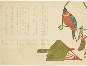 Parrot and Fans, n.d., Tanaka Shutei, Japanese, 1810-1858, Japan, Color woodblock print, surimono,