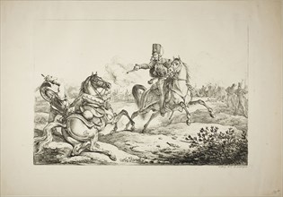 Hussar Discharging his Pistol at a German Dragoon, 1817, Carle Vernet (French, 1758-1836), printed