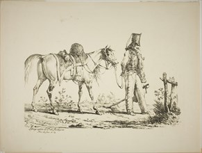 Hussard Walking in Front of his Horse, Smoking a Pipe, February 8, 1817, Carle Vernet (French,
