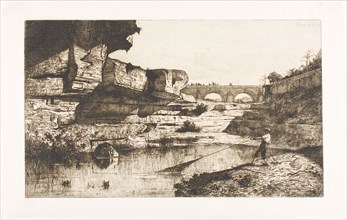 Bridge at Hautville, 1870, Adolphe Appian, French, 1818-1898, France, Etching on ivory laid paper,