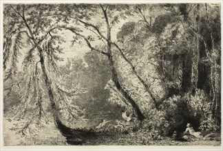Women Bathing, 1867, Paul Huet, French, 1803-1869, France, Etching on ivory China paper, laid down