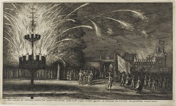 Fireworks at Hemissem, c. 1650, Wenceslaus Hollar, Czech, 1607-1677, Bohemia, Etching on ivory laid