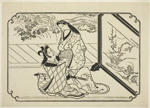 Behind the Screen, c. 1673/81, Hishikawa Moronobu, Japanese, (?)-1694, Japan, Woodblock print,