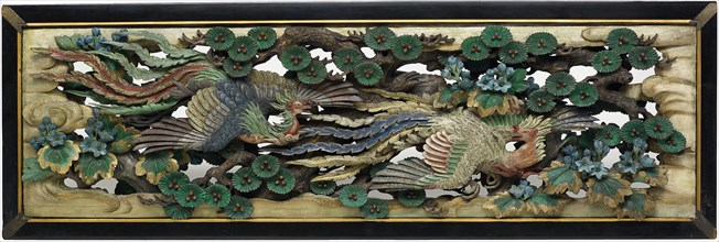 Two carved wooden transoms (ramma) panels from the Hooden, 1893, Takamura Koun, Japanese,