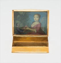 Gold Box, 1727/60, England, Gold and painted metal, 2 × 7 × 5.6 cm (3/4 × 2 3/4 × 2 3/16 in.)