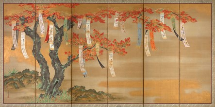 Flowering Cherry and Autumn Maples with Poem Slips, 1654/81, Tosa Mitsuoki, Japanese, 1617-1691,