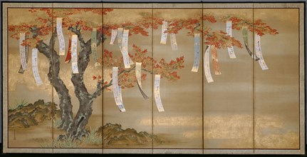 Autumn Maples with Poem Slips, c. 1675, Tosa Mitsuoki, Japanese, 1617-1691, Japan, Six-panel screen