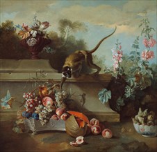 Still Life with Monkey, Fruits, and Flowers, 1724, Jean Baptiste Oudry, French, 1686–1755, France,