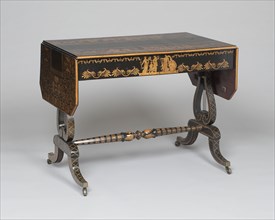 Sofa Table, c. 1810, England, Mahogany, holly, ebonized holly, and penwork, 72.1 × 90.2 cm (28 3/8